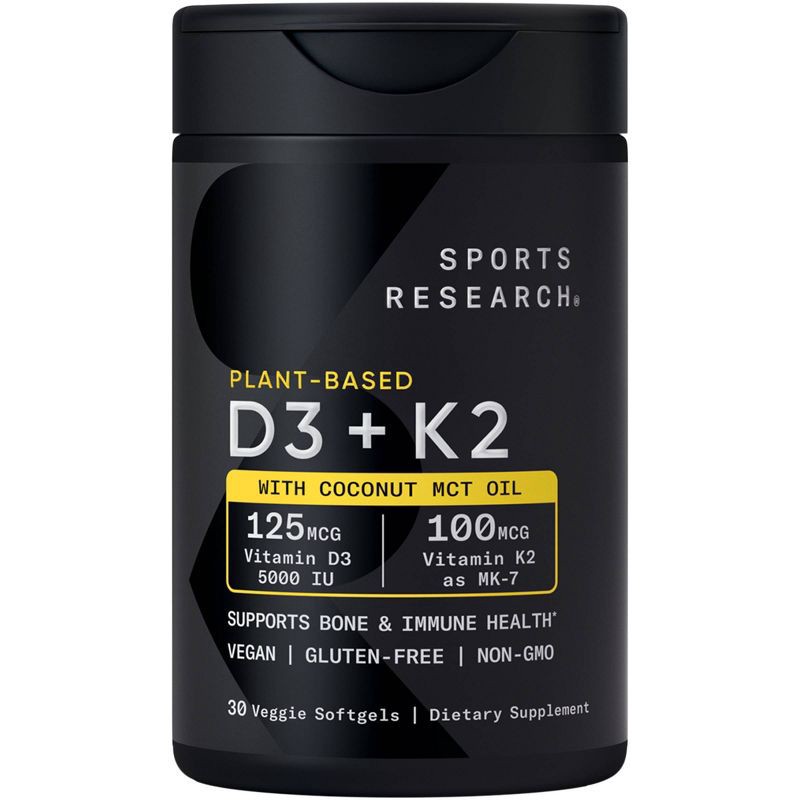slide 1 of 4, Sports Research Vegan D3 5000iu + Vitamin K2 100mcg Veggie Softgels - 30ct: Certified Gluten-Free, Non-GMO, Vegan, 30 ct