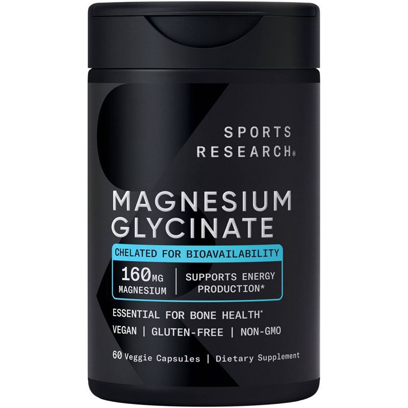 slide 1 of 4, Sports Research Magnesium Glycinate 160mg Veggie Capsules - 60ct: Certified Gluten-Free, Non-GMO, Vegan, 160mg, 60 ct