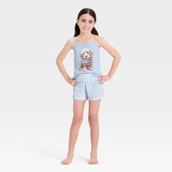 Grayson Threads Kids Girls' Americana Dog 2pc Fold Over Shorts and Cami Pajama Set - Light Blue XL