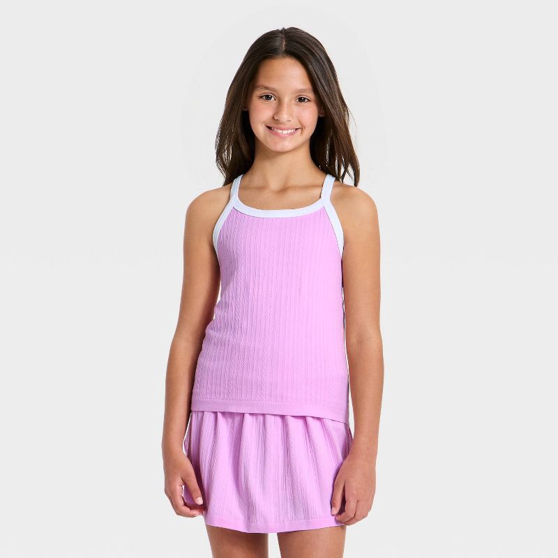 slide 1 of 3, Girls' Seamless Textured Crop Active Tank Top - All In Motion™ Purple L, 1 ct