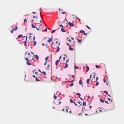 Toddler Girls' Minnie Mouse Short Sleeve Button Down Pajama Set 2pc - Pink 3T