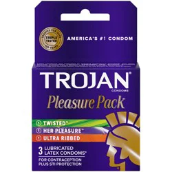 Trojan Pleasure Pack Assorted Latex Lubricated Condoms for Men - Her Pleasure, Bareskin Studded, Ecstasy & Charged Varieties, 3 Count