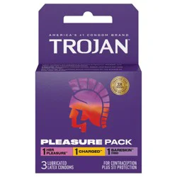 Trojan Pleasure Pack Assorted Latex Lubricated Condoms for Men - Her Pleasure, Bareskin Studded, Ecstasy & Charged Varieties, 3 Count