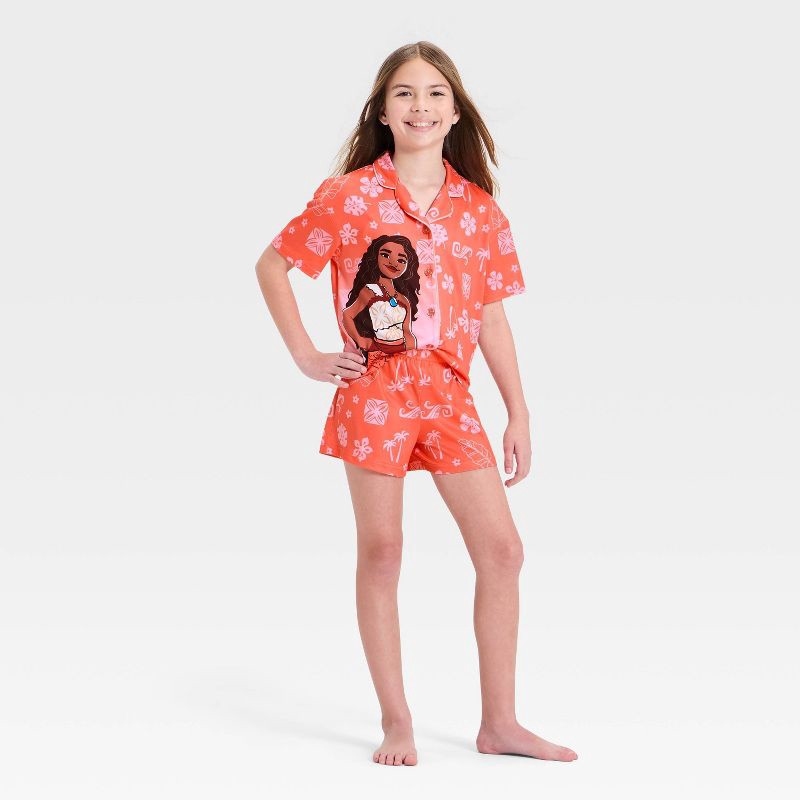 slide 1 of 4, Girls' Moana Short Sleeve Button-Up Pajama Set - Coral S, 1 ct