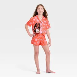 Girls' Moana Short Sleeve Button-Up Pajama Set - Coral M