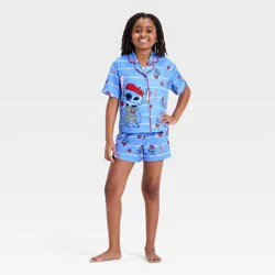 Girls' Lilo & Stitch Eiffel Tower Short Sleeve Button-Up Pajama Set - Blue XS