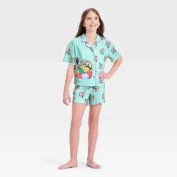 Girls' Minions Short Sleeve Button-Up Pajama Set - Aqua L
