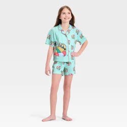 Girls' Minions Short Sleeve Button-Up Pajama Set - Aqua L