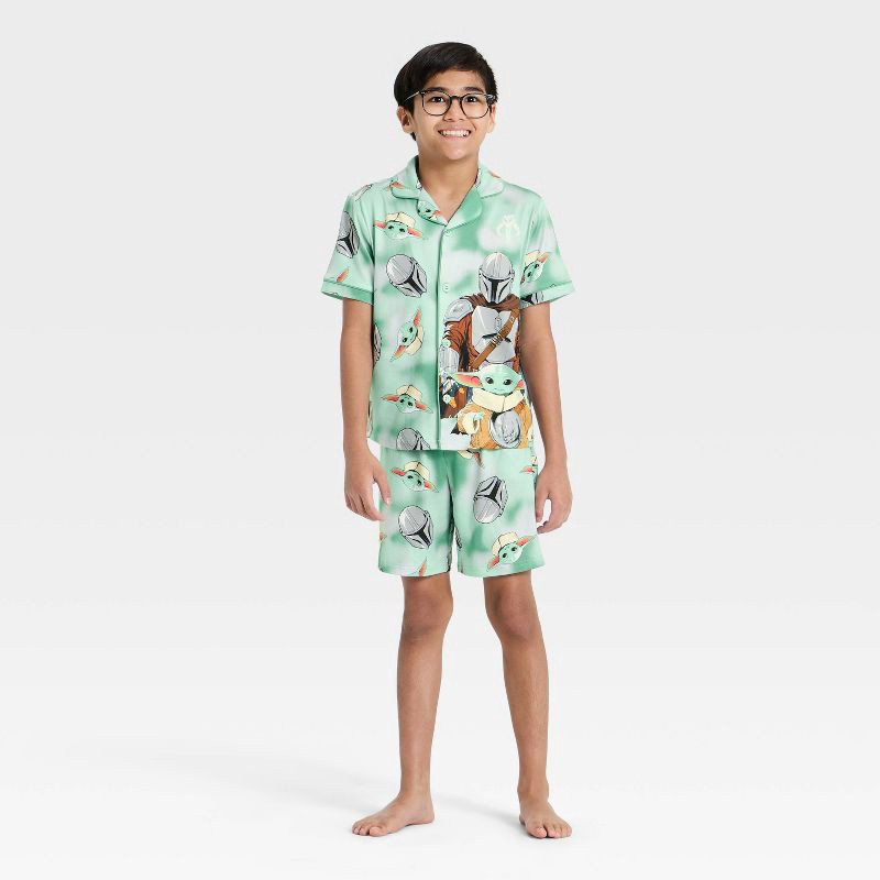 slide 1 of 4, Star Wars: The Mandalorian Boys' Mandalorian Short Sleeve Button-Up Pajama Set - Light Green S, 1 ct