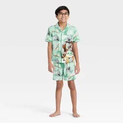 Star Wars: The Mandalorian Boys' Mandalorian Short Sleeve Button-Up Pajama Set - Light Green M