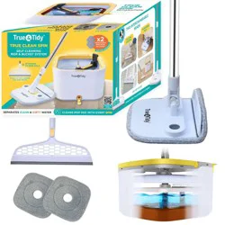 True & Tidy True Clean Dual Bucket 2.0 Spin Mop with Silicone Sweeper: Stainless Steel, Aluminum, Microfiber Materials