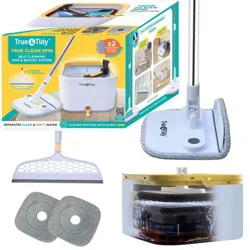 True & Tidy True Clean Dual Bucket 2.0 Spin Mop with Silicone Sweeper: Stainless Steel, Aluminum, Microfiber Materials