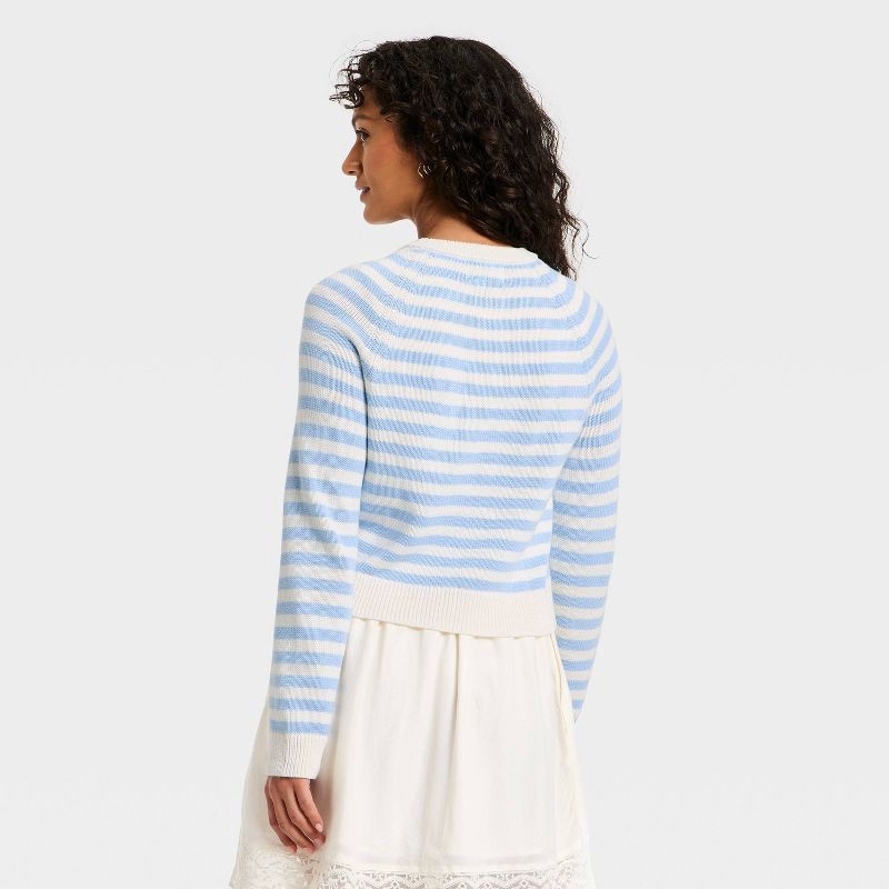 slide 2 of 3, Women's Crewneck Cotton Cardigan - Universal Thread™ Blue Striped S, 1 ct