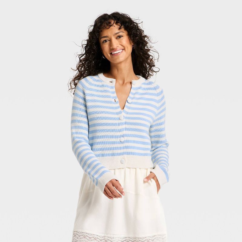slide 1 of 3, Women's Crewneck Cotton Cardigan - Universal Thread™ Blue Striped M, 1 ct