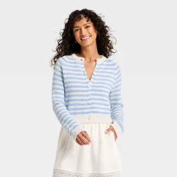 Women's Crewneck Cotton Cardigan - Universal Thread™ Blue Striped M