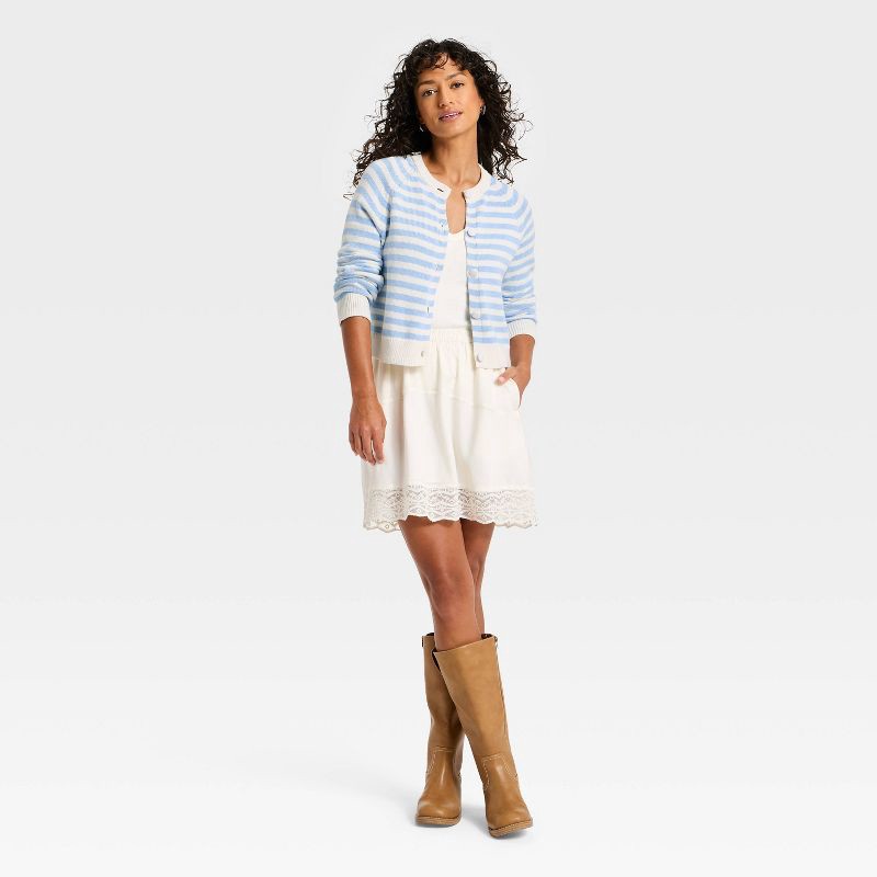 slide 3 of 3, Women's Crewneck Cotton Cardigan - Universal Thread™ Blue Striped L, 1 ct