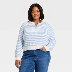 Women's Crewneck Cotton Cardigan - Universal Thread™ Blue Striped XXL