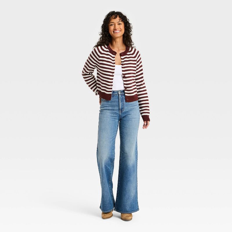 slide 3 of 3, Women's Crewneck Cotton Cardigan - Universal Thread™ Maroon Striped S, 1 ct