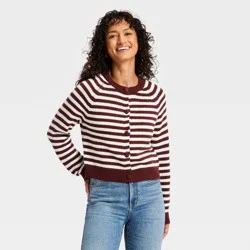 Women's Crewneck Cotton Cardigan - Universal Thread™ Maroon Striped S