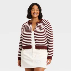 Women's Crewneck Cotton Cardigan - Universal Thread™ Maroon Striped XXL