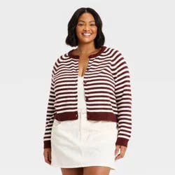 Women's Crewneck Cotton Cardigan - Universal Thread™ Maroon Striped XXL