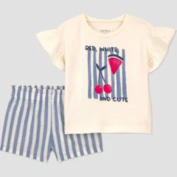 Carter's Just One You® Baby Girls' 2pc Striped Fruit Graphic Americana T-Shirt and Shorts Set - Blue/Ivory/Red Newborn