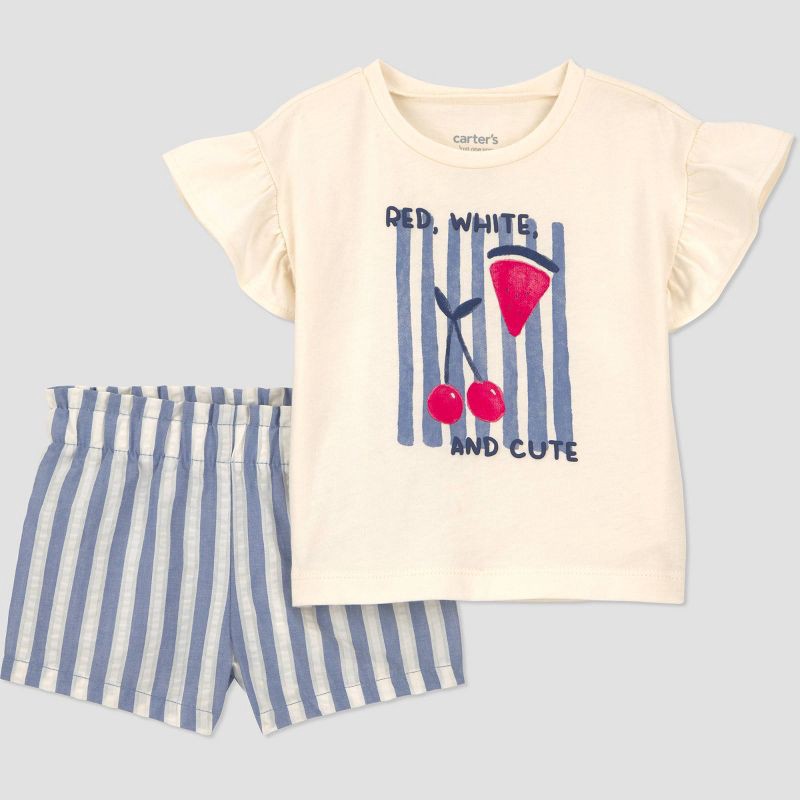 slide 1 of 3, Carter's Just One You® Baby Girls' 2pc Striped Fruit Graphic 4th of July T-Shirt and Shorts Set - Blue/Ivory/Red 18M, 2 ct