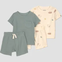 Carter's Just One You® Baby Boys' 4pc Multi Animals T-Shirt and Shorts Set - Cream/Green 9M