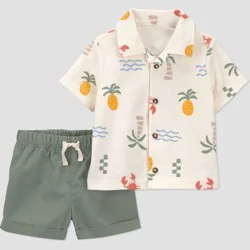 Carter's Just One You® Baby Boys' 2pc Tropical Button-Down T-Shirt and Shorts Set - Green/Ivory 9M