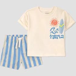Carter's Just One You® Baby Boys' 2pc Striped Surfboard T-Shirt and Shorts Set - Ivory/Blue 3M