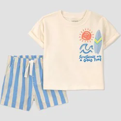 Carter's Just One You® Baby Boys' 2pc Striped Surfboard T-Shirt and Shorts Set - Ivory/Blue 12M