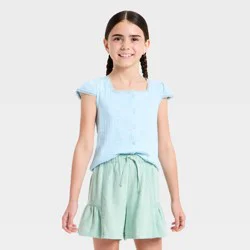 Girls' Flutter Short Sleeve Floral Knit T-Shirt - Cat & Jack™ Light Blue L
