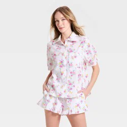 Women's Mommy & Me Ruffle Short Sleeve Notch Collar Shirt and Shorts Pajama Set - Auden™ White L
