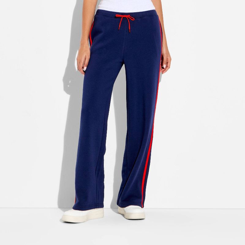 slide 2 of 3, Zoe+Liv Women's Side Striped Fleece Graphic Sweatpants - Navy Blue M, 1 ct