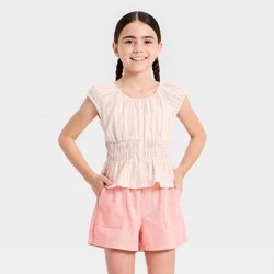 Girls' Short Sleeve Smocked Waist Striped Top - Cat & Jack™ Cream M