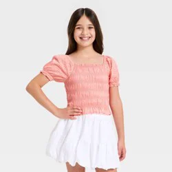 Girls' Short Sleeve Eyelet Smocked Top - Cat & Jack™ Coral Pink M