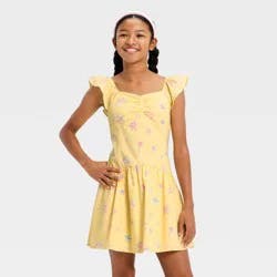 Girls' Flutter Sleeve Drop Waist Floral Dress - art class™ Yellow M