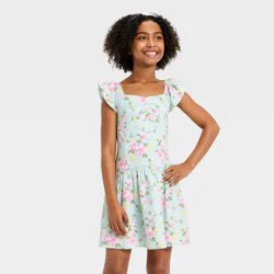Girls' Flutter Sleeve Drop Waist Floral Dress - art class™ Green S