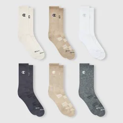 Champion Iconic Essentials Men's 6pk Cushion Crew Socks - Multicolor Neutrals 6-12