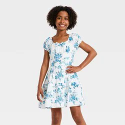 Girls' Puff Sleeve Fit and Flare Floral Dress - art class™ Light Blue M