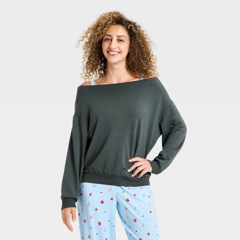 slide 1 of 3, Women's Off-The-Shoulder PeachySoft Fleece Crewneck Sweatshirt - Wild Fable™ Black L, 1 ct