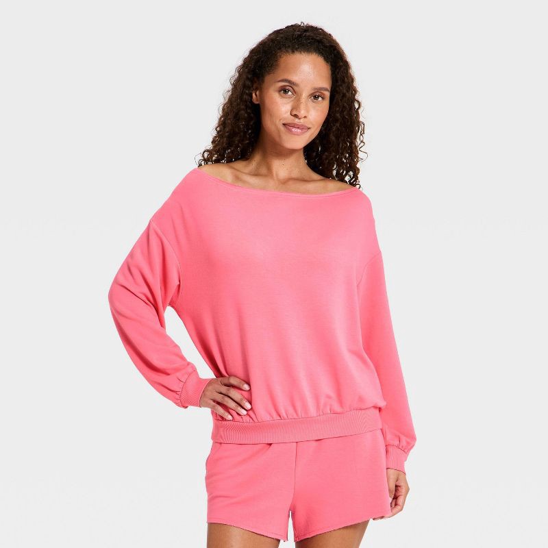 slide 1 of 3, Women's Off-The-Shoulder PeachySoft Fleece Crewneck Sweatshirt - Wild Fable™ Pink M, 1 ct