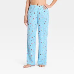 Women's Knit Wide Leg Pajama Pants - Wild Fable™ Blue Strawberry Printed S