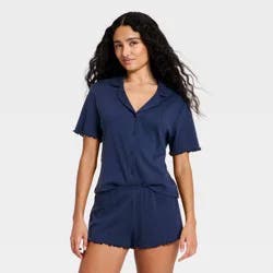 Women's Notch Collar Shirt and Shorts Pajama Set - Wild Fable™ Blue XXS