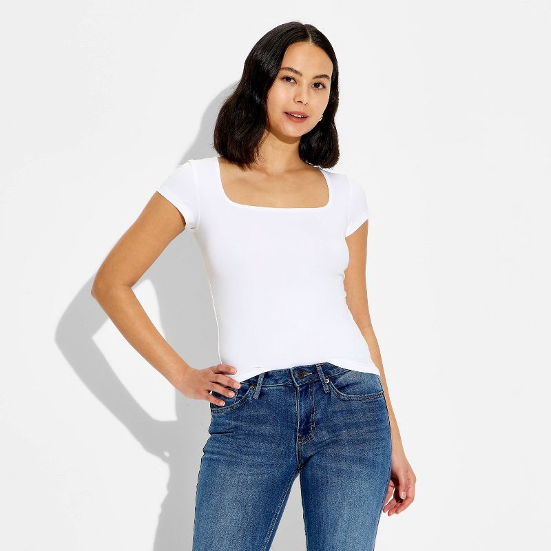 slide 2 of 4, Women's Cap Sleeve ButterBliss Square Neck Tee - Wild Fable™ White M, 1 ct