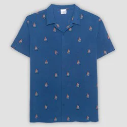 Well Worn Men's Sailboats Short Sleeve Camp Collar Shirt - Blue XXL