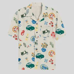 Mad Engine Men's Vacation Print Short Sleeve Button-Down Shirt - Cream XL