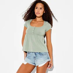 Women's Short Sleeve Henley Scoop Neck Babydoll T-Shirt - Wild Fable™ Fern Green S