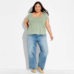 Women's Short Sleeve Henley Scoop Neck Babydoll T-Shirt - Wild Fable™ Fern Green XXL