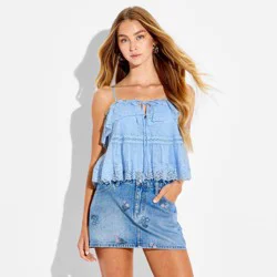 Women's Embroidered Mesh Babydoll Top - Wild Fable™ Light Blue S